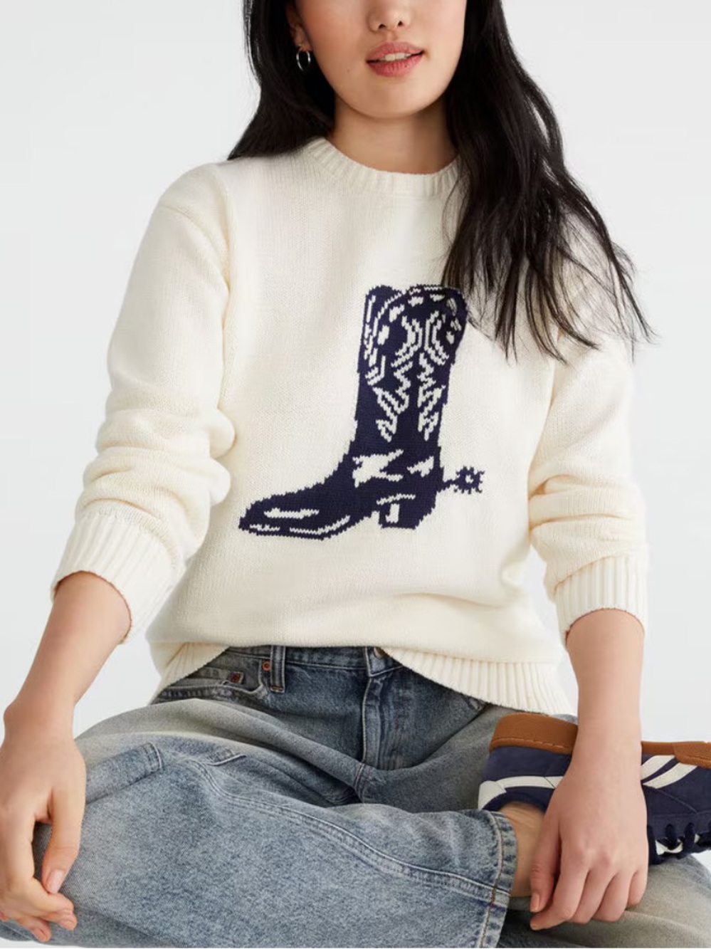 Aeropostale White Crewneck Sweater with Navy Cowboy Boot Graphic